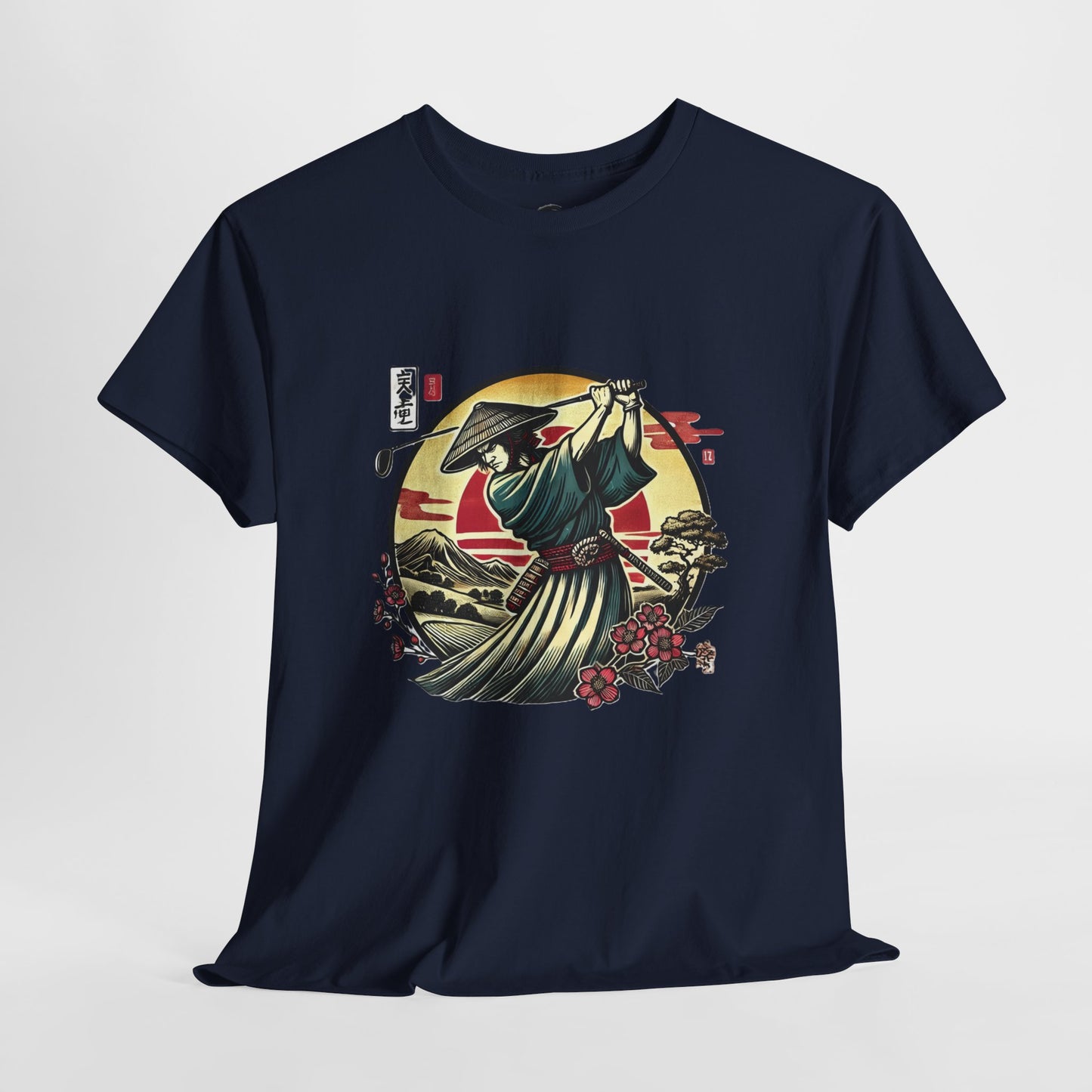 Zen Spot Customized Gildan Samurai Golfer Sunset T‑Shirt — Japanese Warrior Graphic Tee