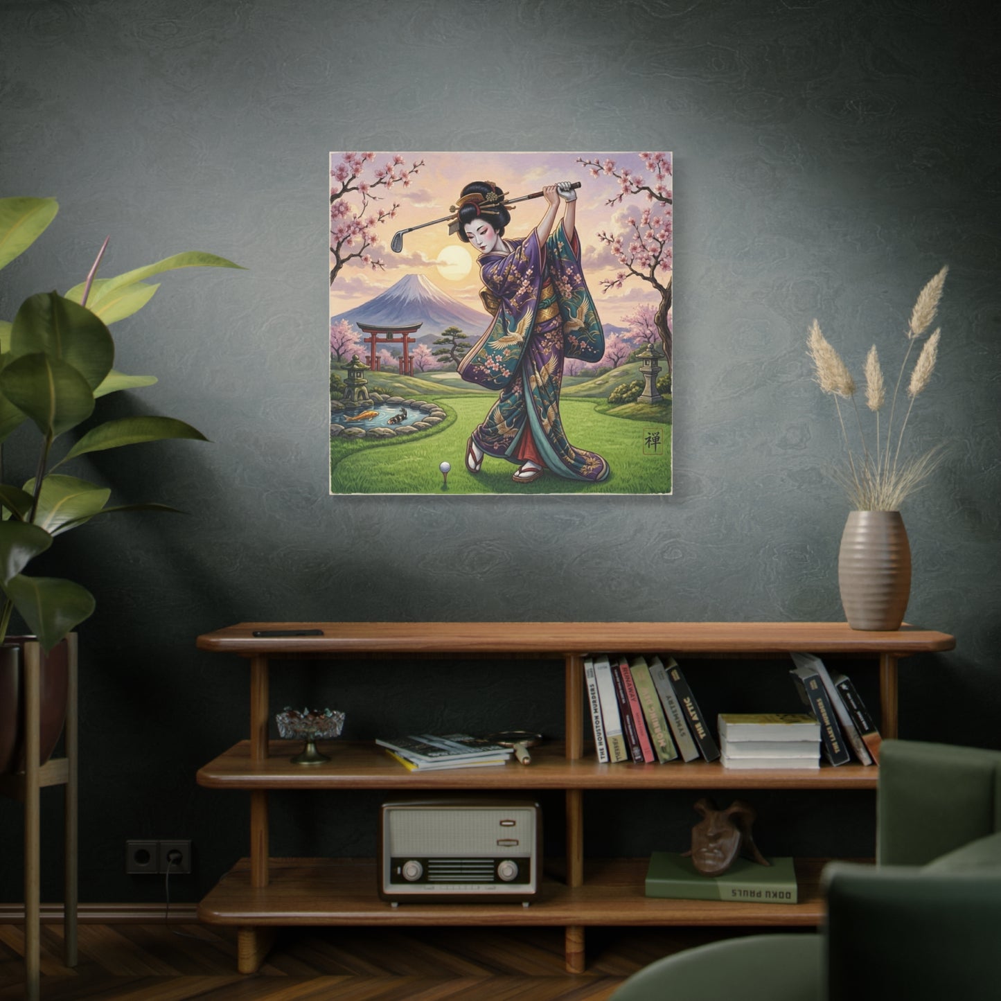 Geisha Golfer Canvas Print — Japanese Cherry Blossom Golf Art