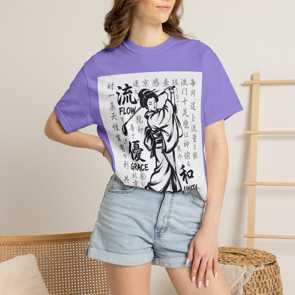 Flow, Grace, & Unity Geisha Golfer T-Shirt — Japanese Kanji Design