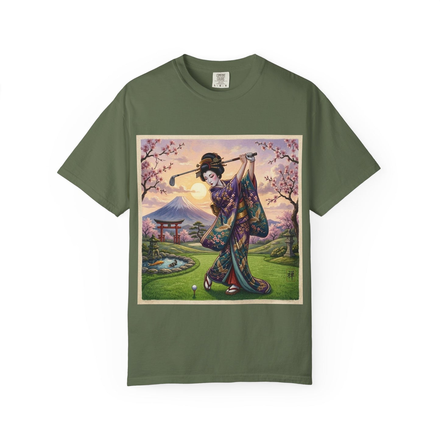 Zen Spot Customized Comfort Colors Geisha Golfing Sunset T-Shirt — Vintage Japanese Kimono Art Tee