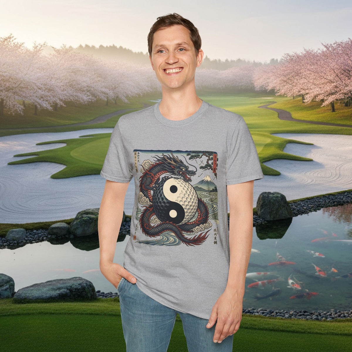 Yin Yang Dragon Golf T‑Shirt — Japanese Wave & Mt. Fuji Graphic Tee