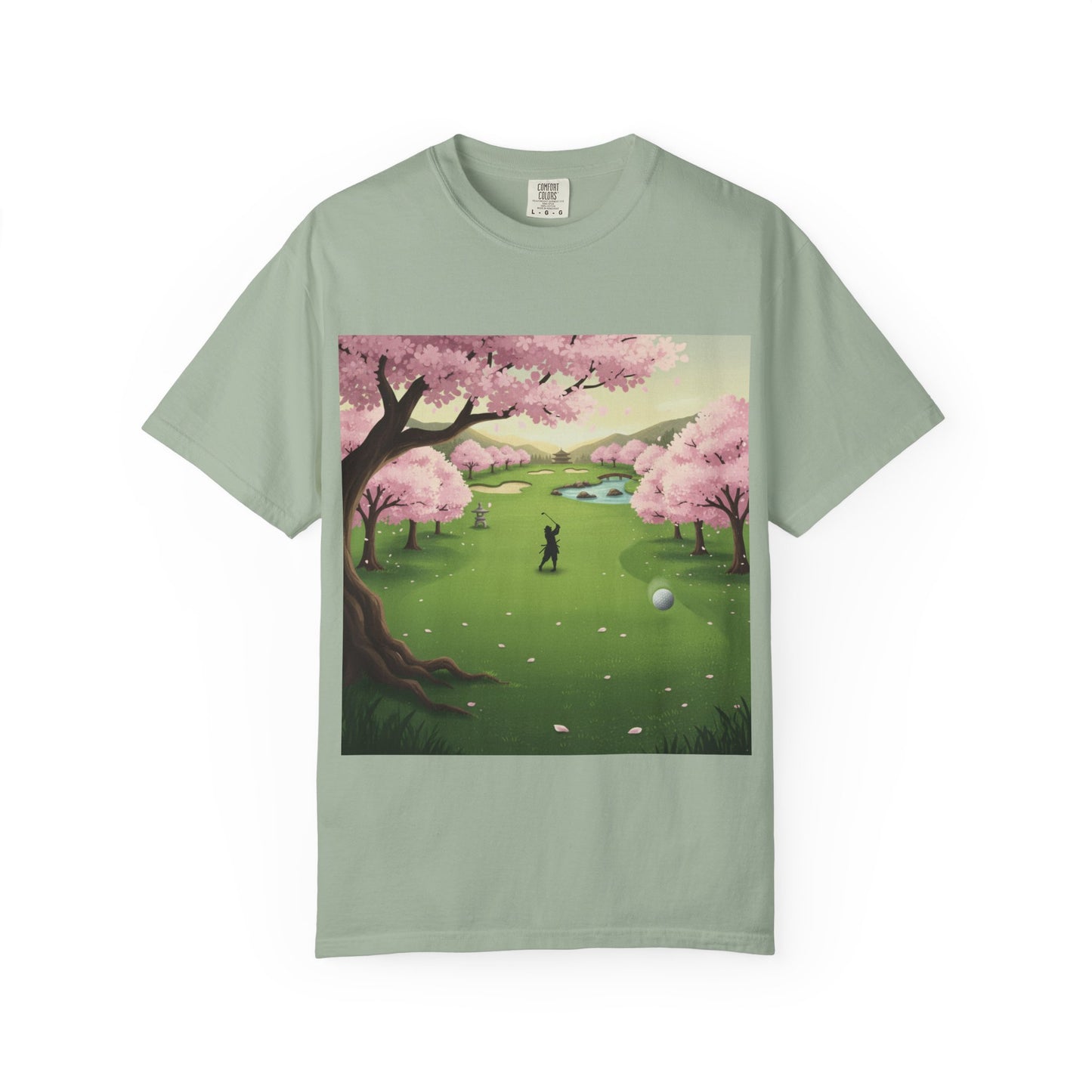 Zen Spot Golf Custom Golf Scenic Course Cherry Blossom Golfer Graphic T-Shirt