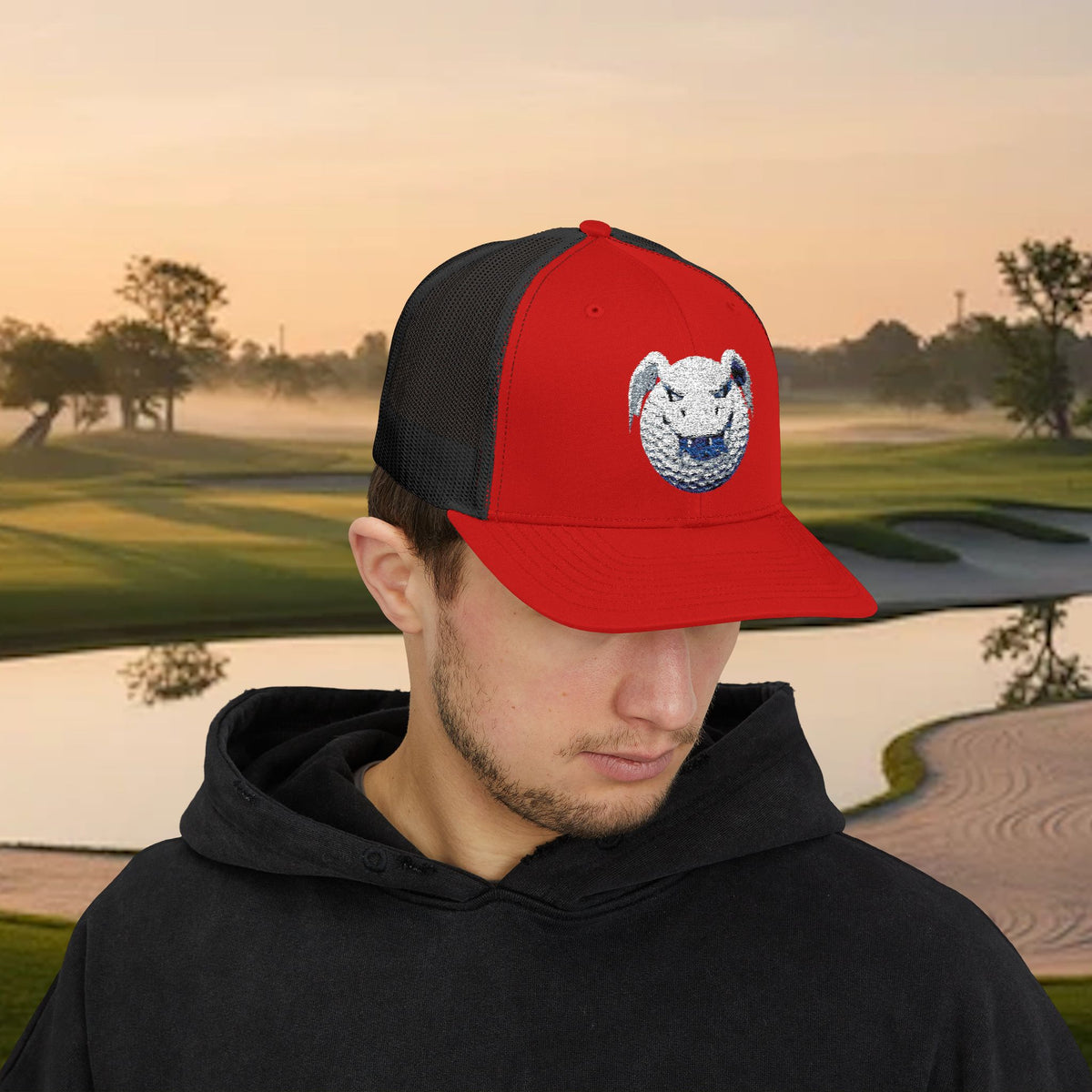 Embroidered White Stitched "Dragon Golf Ball" Trucker Cap