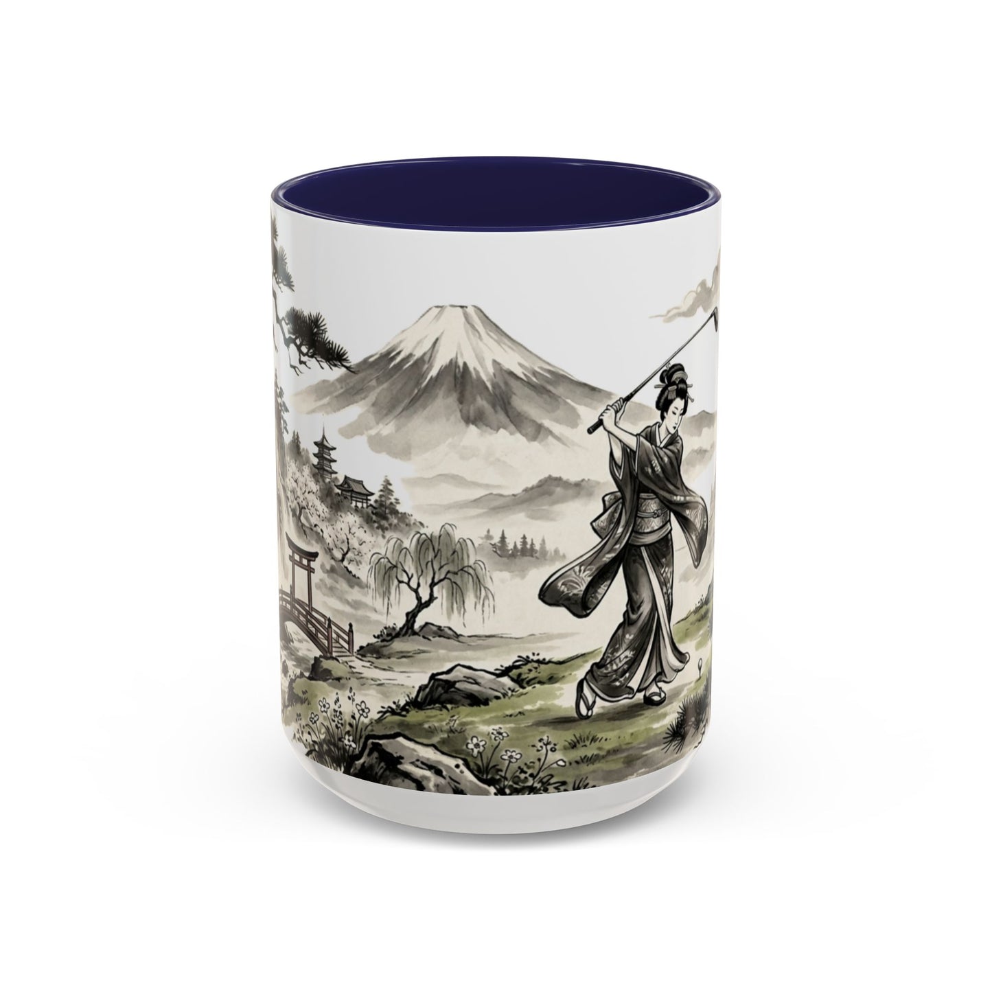 Zen Spot Golf Custom Japanese Golf Scene Accent Coffee Mug Ukiyo-e Style Golfing Geisha (11/15oz)