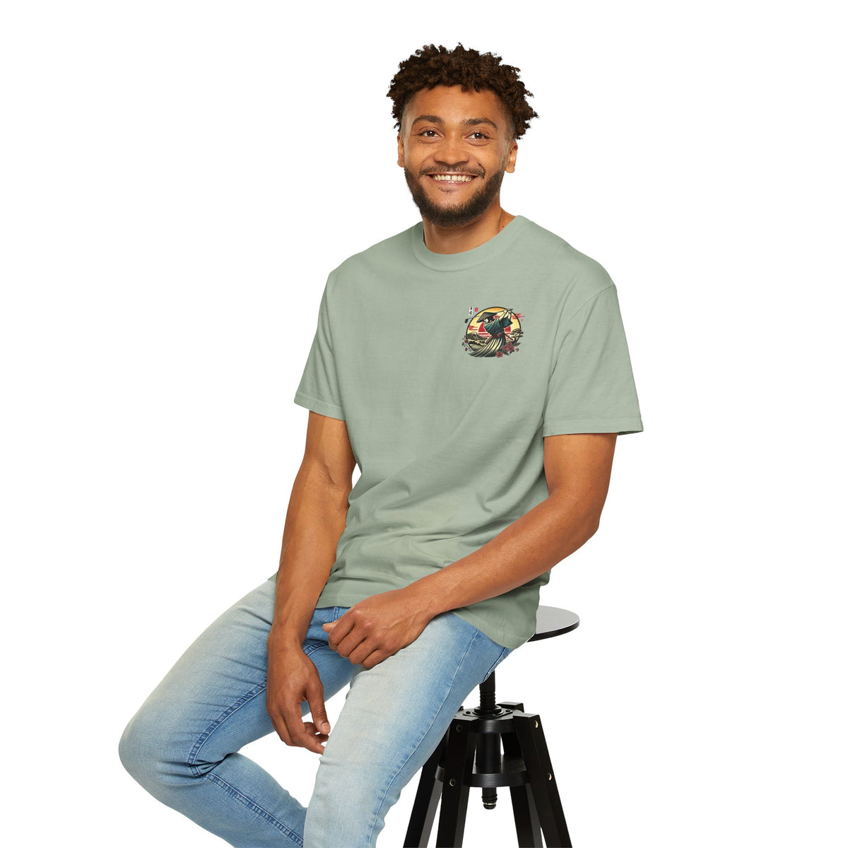 Samurai Golfer Sunset Chest and Back Design Graphic T-Shirt