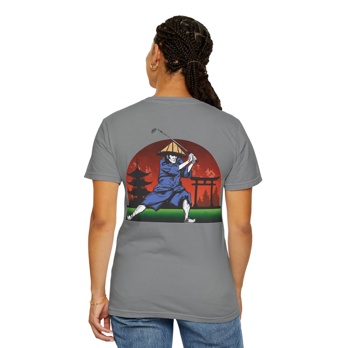 Japanese Sunset Samurai Golfer Chest and Back Graphic T-Shirt