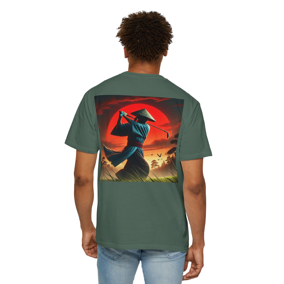 Enso Circle Golf  Stroke Chest Sunset Warrior Samurai Golfer Back Graphic T-Shirt