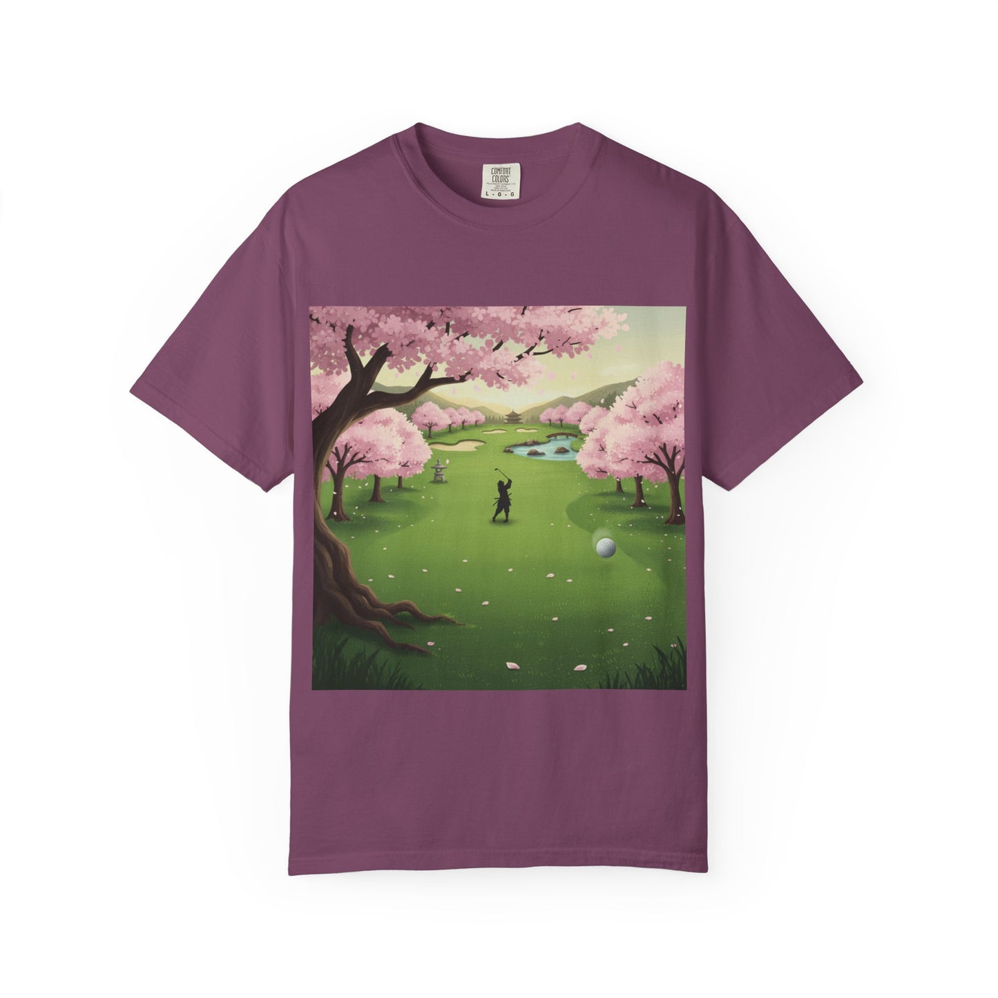 Zen Spot Golf Custom Golf Scenic Course Cherry Blossom Golfer Graphic T-Shirt