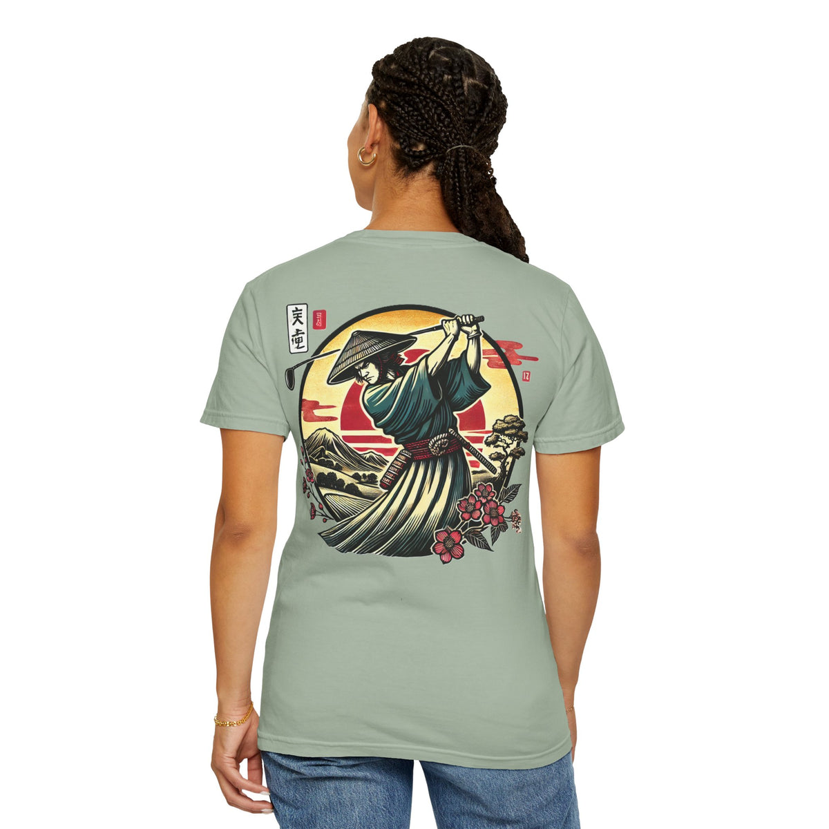Samurai Golfer Sunset Chest and Back Design Graphic T-Shirt