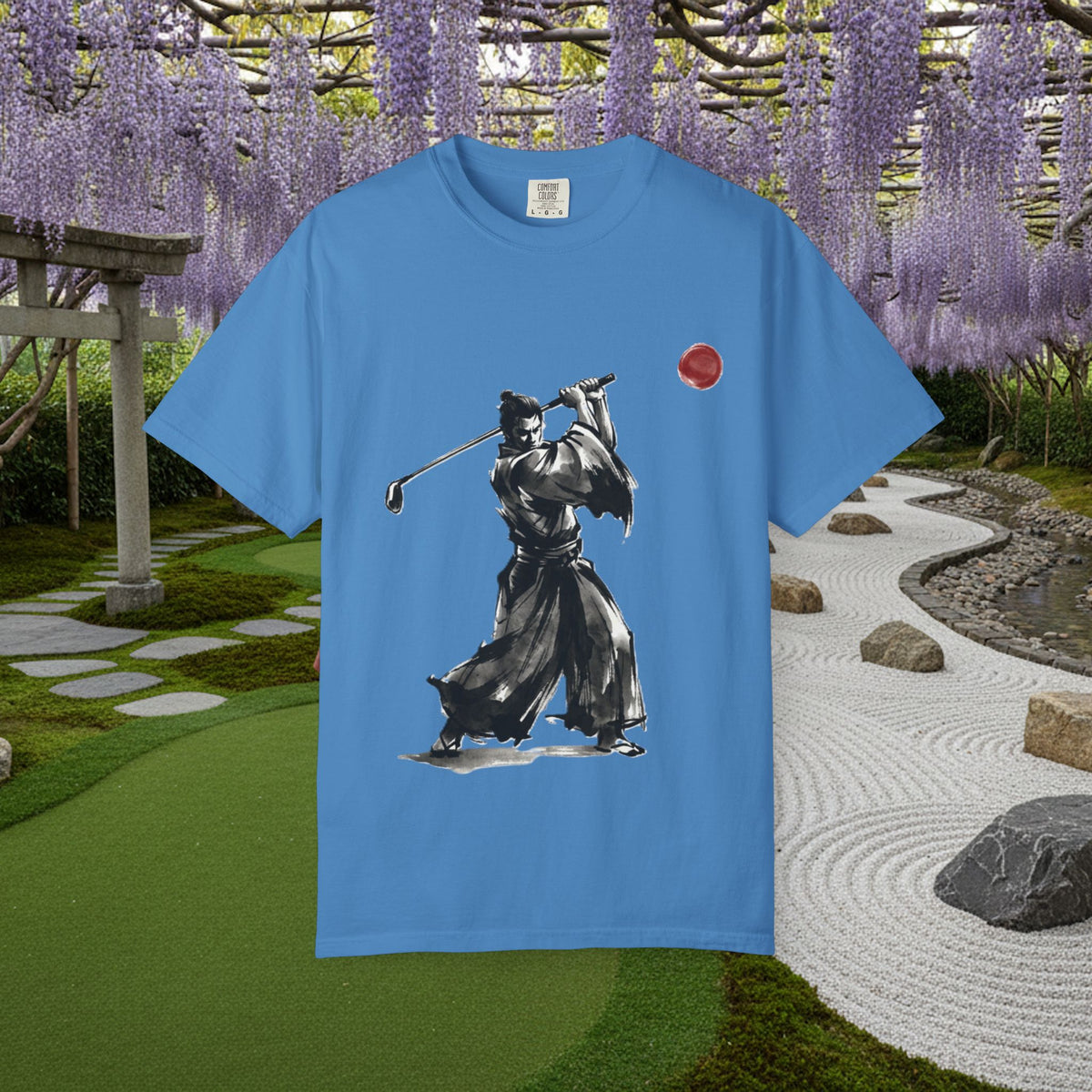 Samurai Golf T-Shirt — Sumi-e Brushstroke Golfer with Red Sun