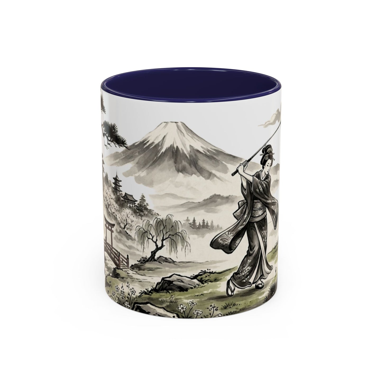 Zen Spot Golf Custom Japanese Golf Scene Accent Coffee Mug Ukiyo-e Style Golfing Geisha (11/15oz)