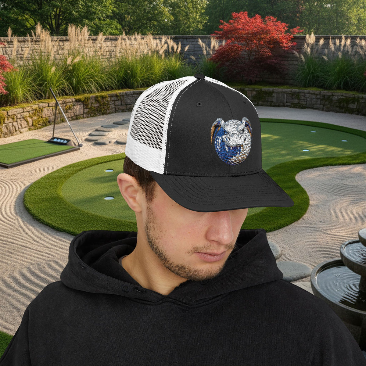 Embroidered White and Brown Stitched "Dragon Golf Ball" Trucker Cap