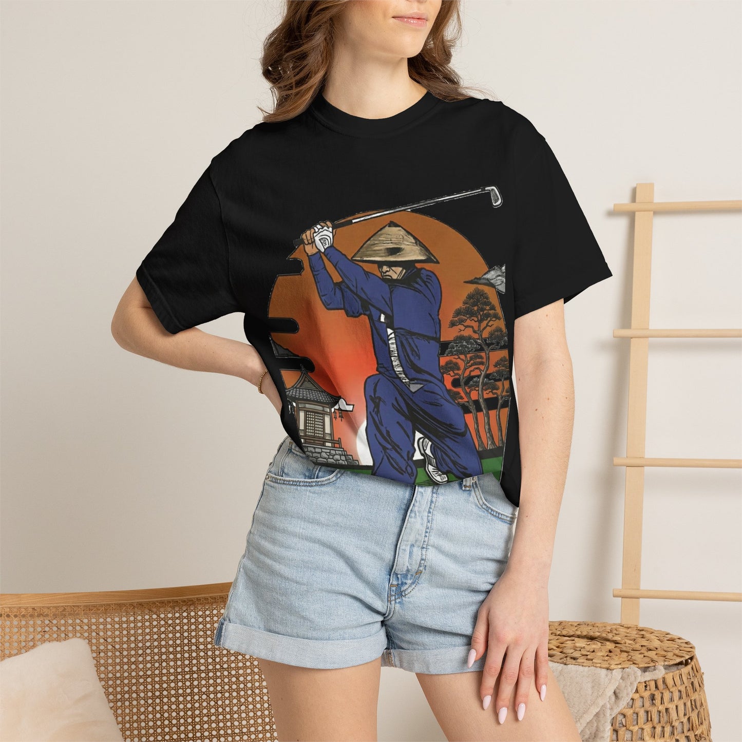 Zen Spot Golf Custom Vintage Sunset Samurai Golfer Graphic T‑Shirt