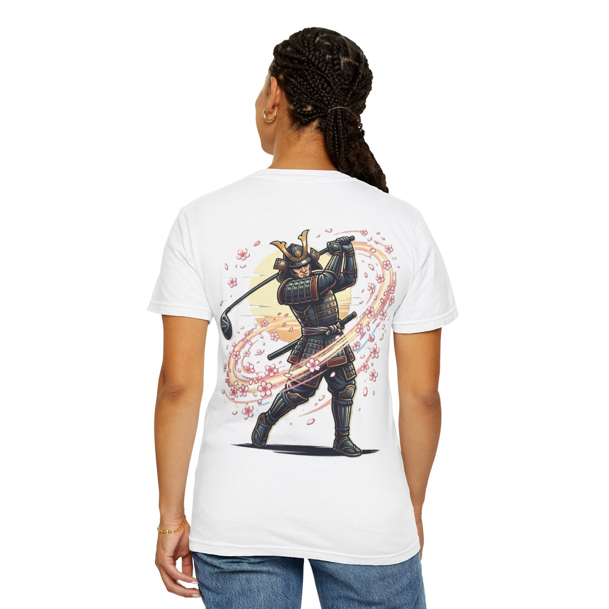 Samurai Golf T-Shirt — Warrior Golfer with Cherry Blossom Swirl