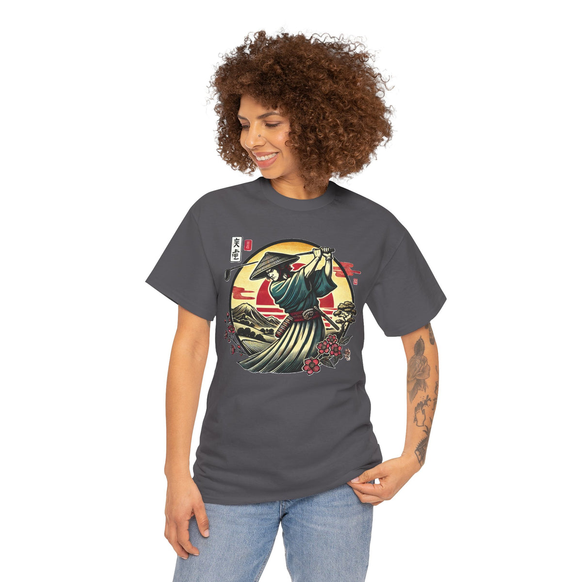 Japanese Samurai Golfer Sunset Graphic T‑Shirt