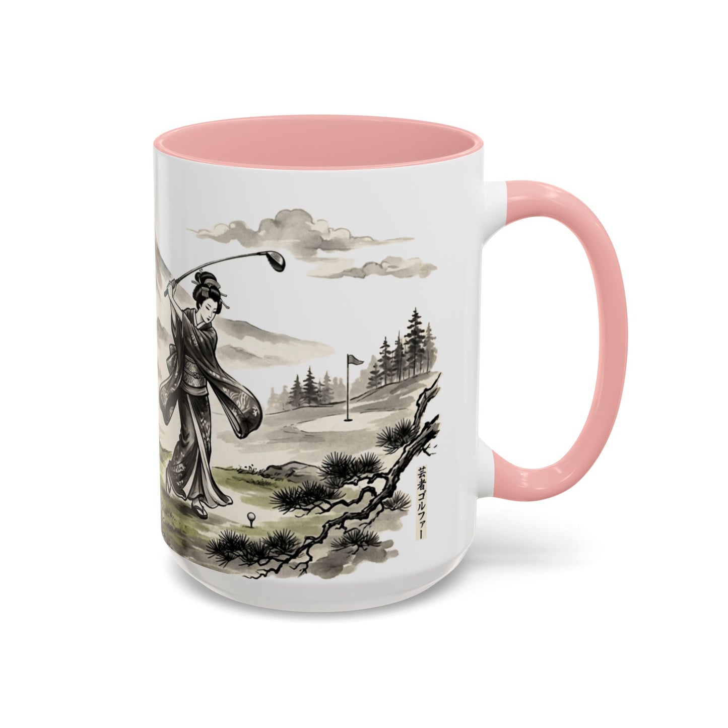 Zen Spot Golf Custom Japanese Golf Scene Accent Coffee Mug Ukiyo-e Style Golfing Geisha (11/15oz)