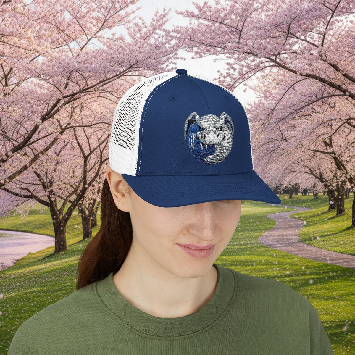 Embroidered White and Grey Stitched "Dragon Golf Ball" Trucker Cap