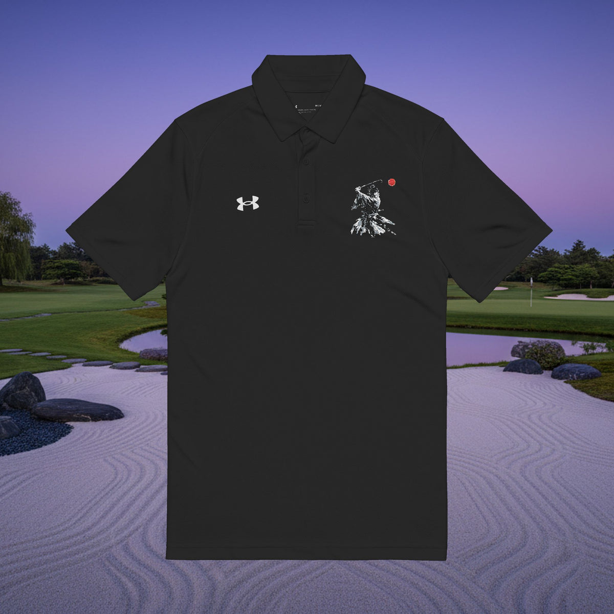 Embroidered Samurai Golfer Polo Shirt — Minimalist Japanese Ink Design