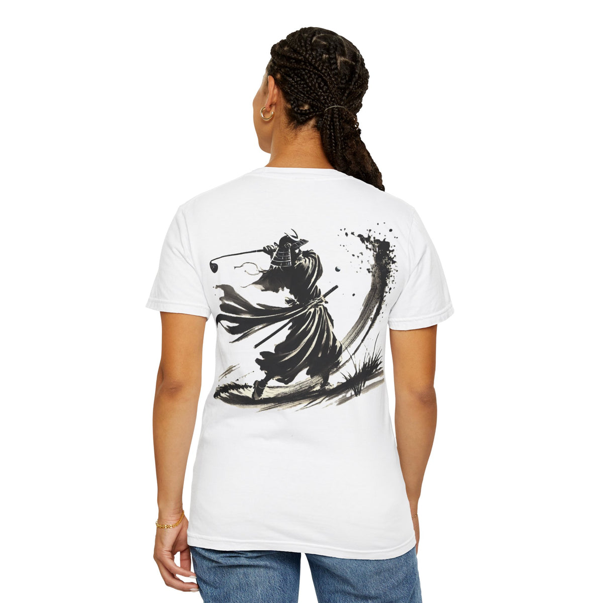 Brushstroke Bunker Blast Samurai Golfer Chest and Back Design Graphic T-Shirt