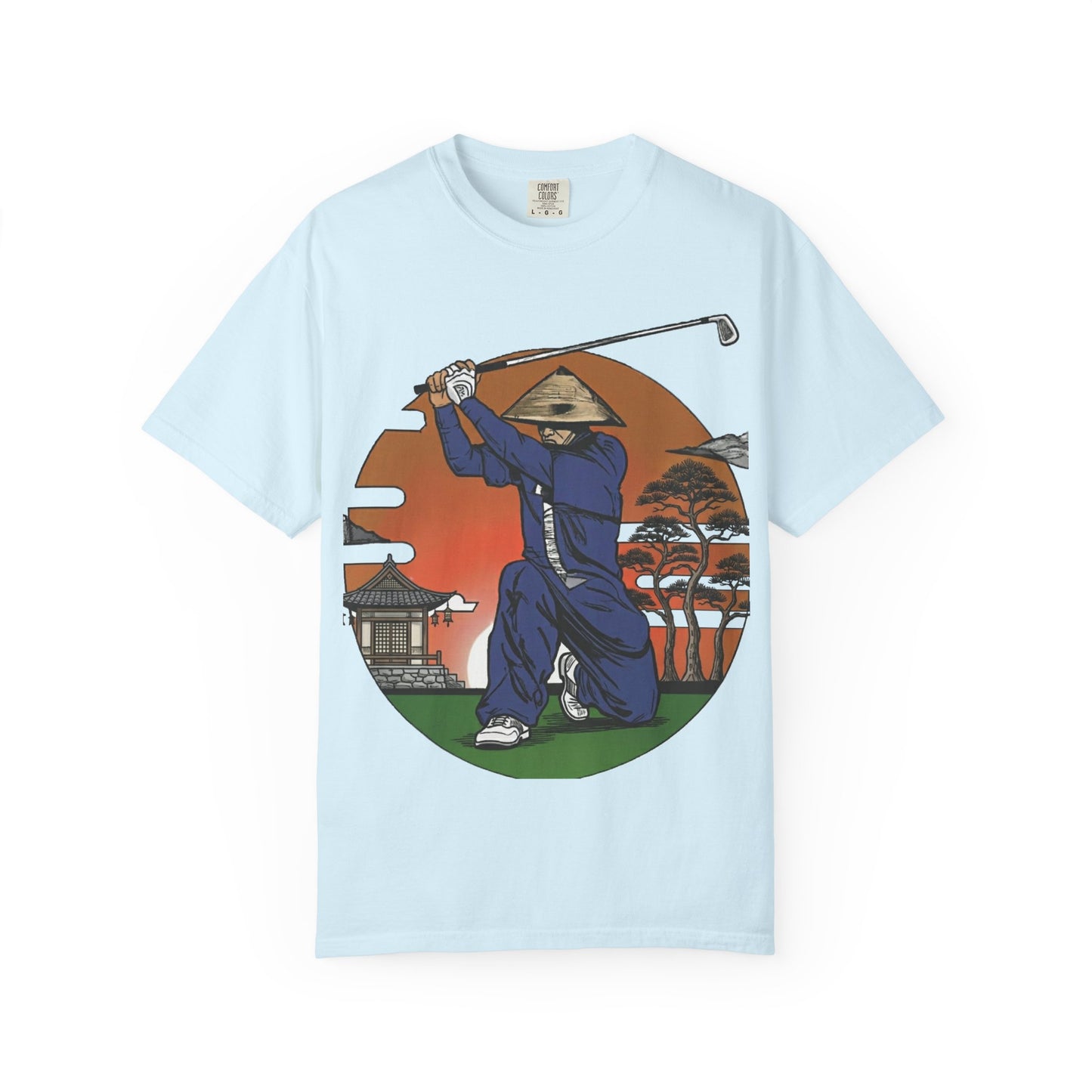 Zen Spot Golf Custom Vintage Sunset Samurai Golfer Graphic T‑Shirt