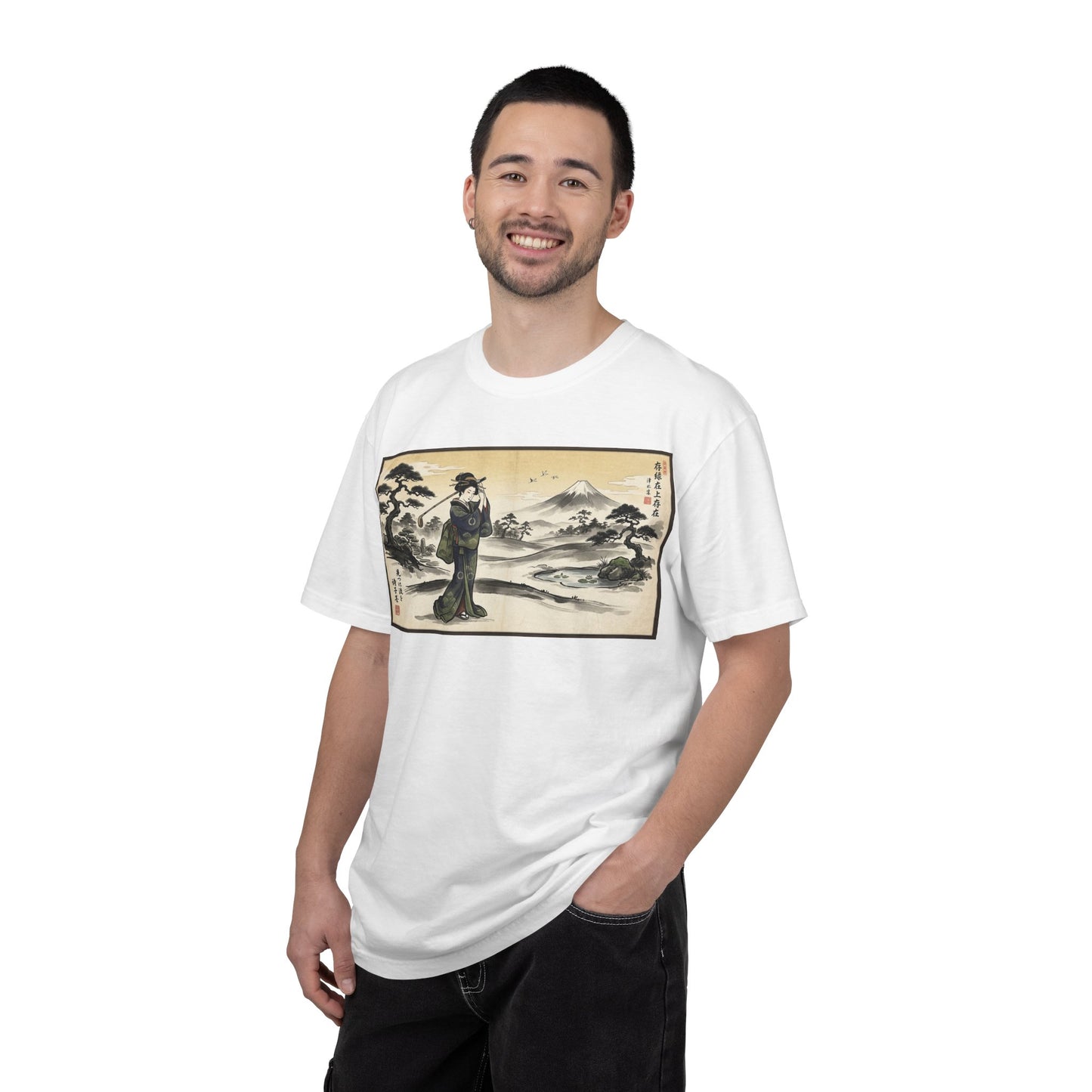 Japanese Ukiyo-e Landscape T-Shirt — Vintage Geisha & Mount Fuji Graphic Tee