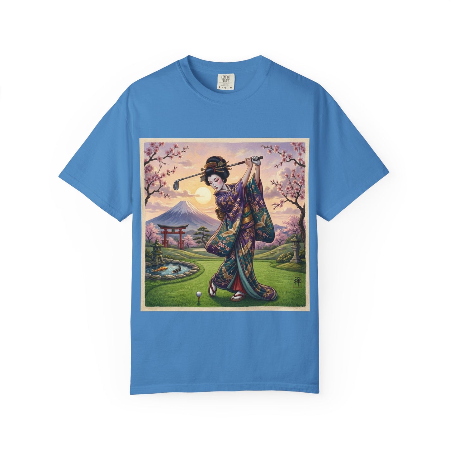 Zen Spot Customized Comfort Colors Geisha Golfing Sunset T-Shirt — Vintage Japanese Kimono Art Tee