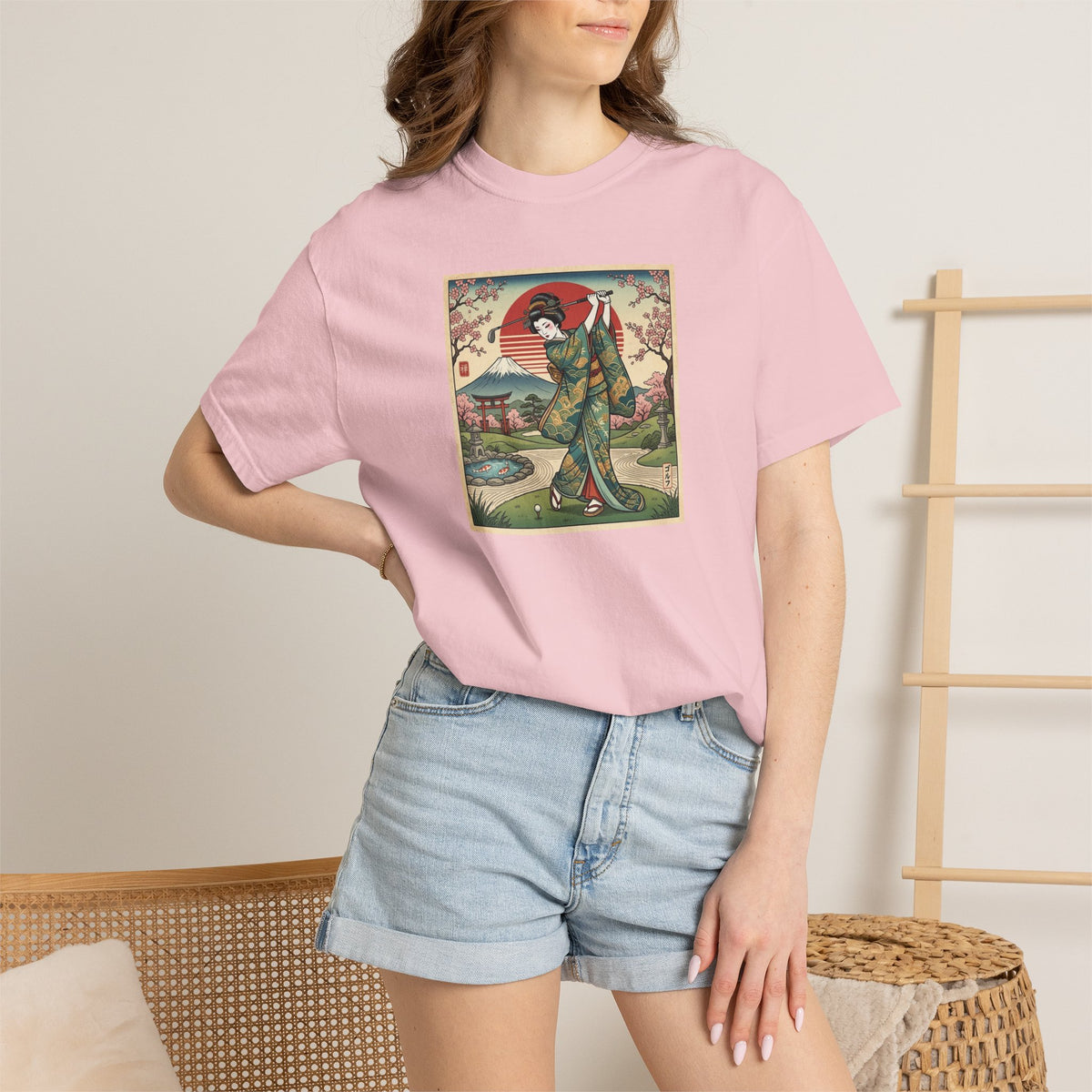 Zen Spot Golf Custom Vintage Japanese Kimono Geisha Golfer Sunset Graphic T-Shirt