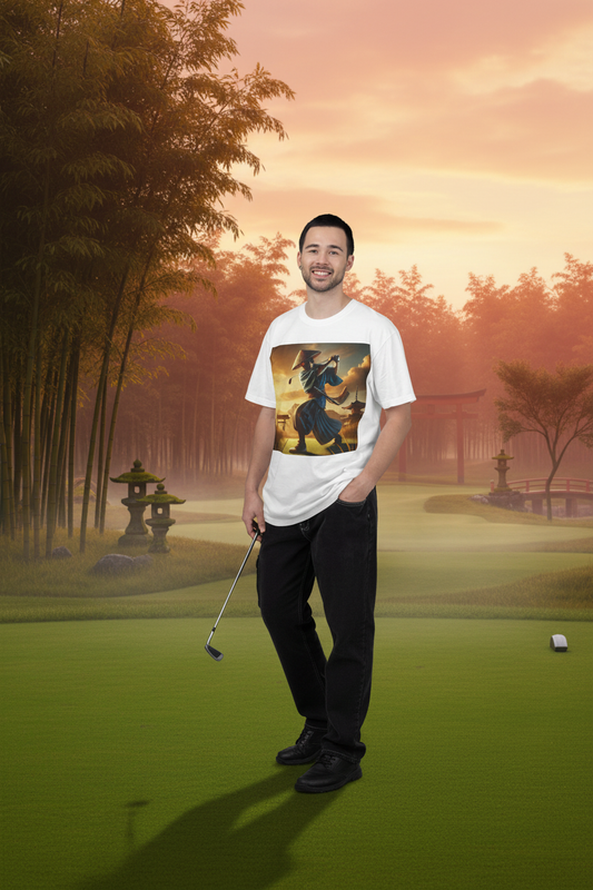 Vintage Martial Arts Samurai Golfer Sunset Graphic T-Shirt on zen golf course at golden hour