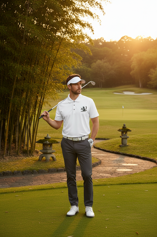 Brushstroke Zanshin Polo on zen golf course at golden hour