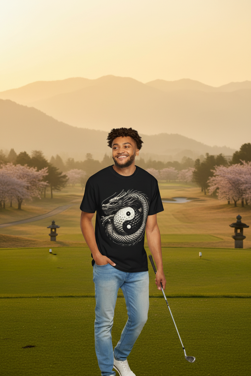 Yin Yang Dragon Front Back Tee on zen golf course at golden hour