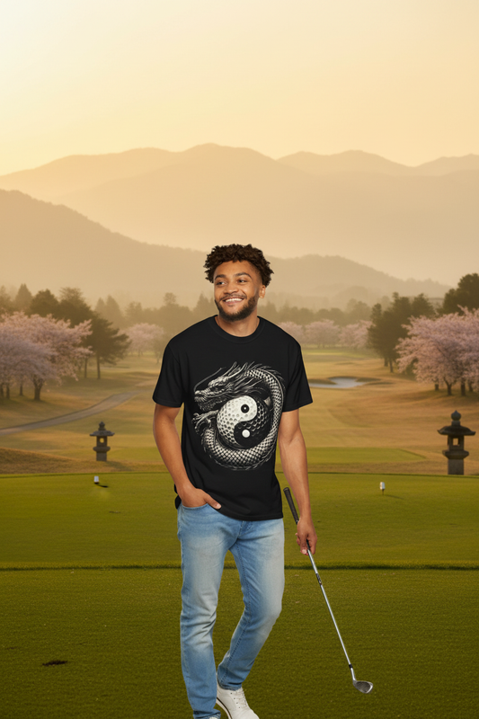 Yin Yang Dragon Front Back Tee on zen golf course at golden hour