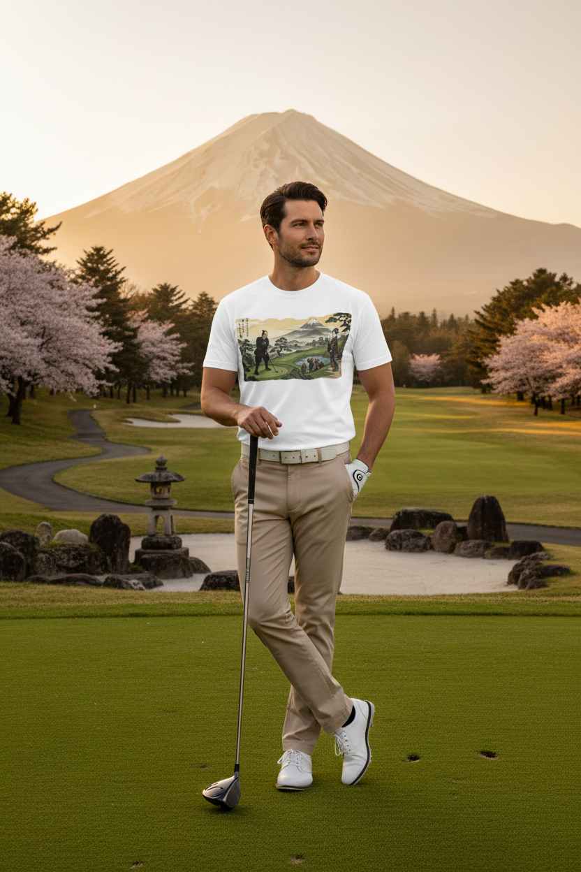 Vintage Samurai Golfer Mount Fuji Landscape Tee - zen golf course lifestyle