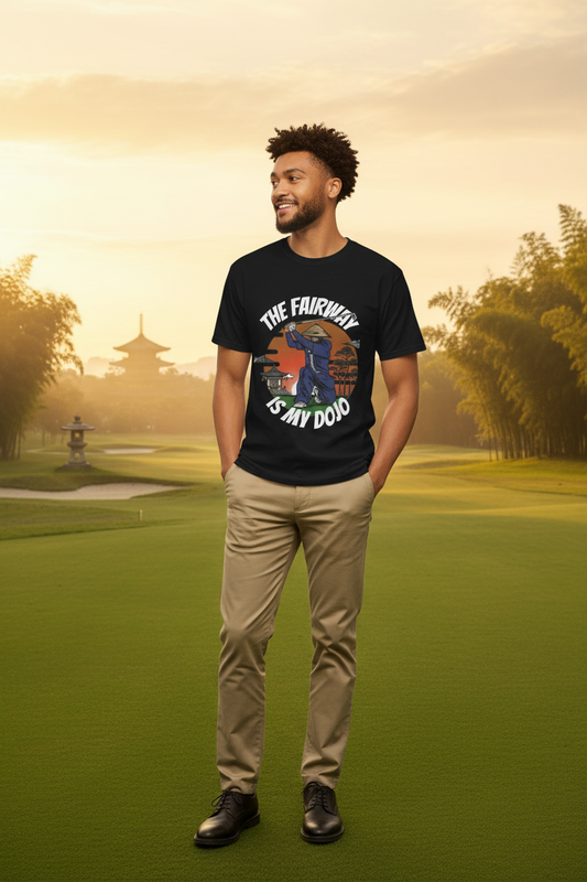 Golf Samurai Fairway Dojo Tee on zen golf course at golden sunset