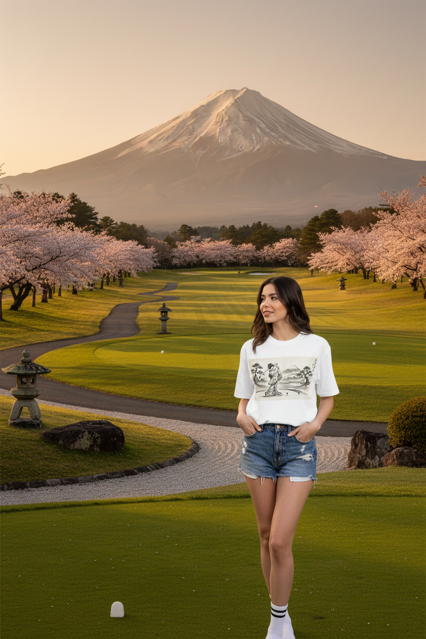 Vintage Geisha Golfer Mount Fuji Tee - zen golf course lifestyle