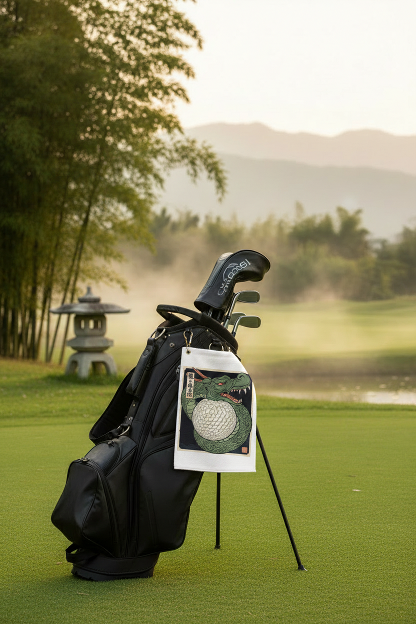 Dragon Golf Towel - hanging from golf bag lifestyle