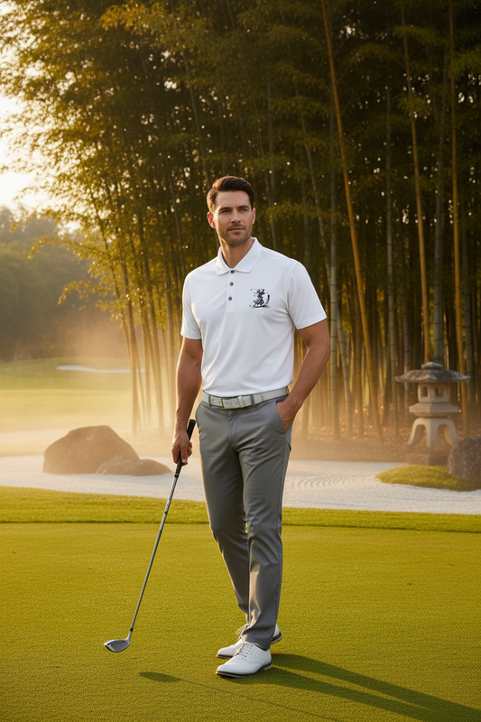 Ink Brush Stroke Polo on zen golf course at golden hour