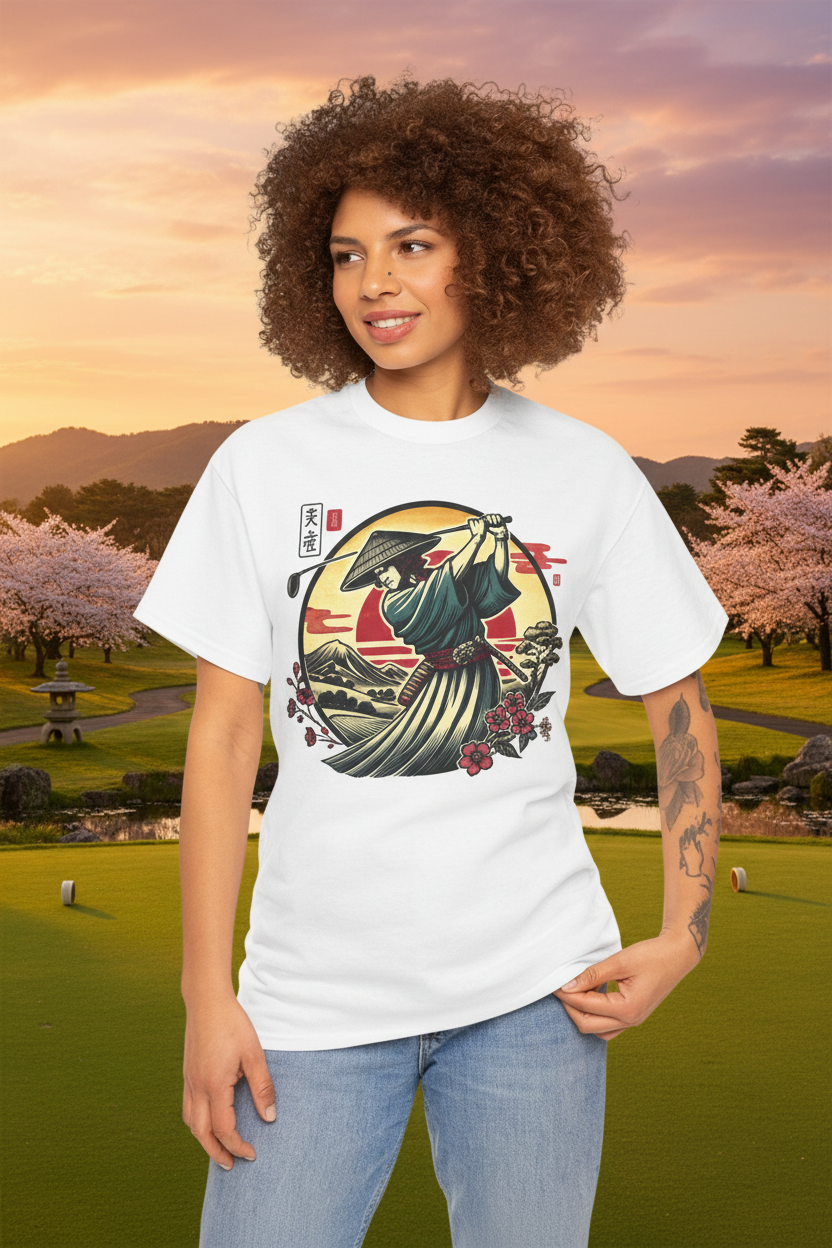 Japanese Samurai Golfer Sunset Tee - zen golf course lifestyle