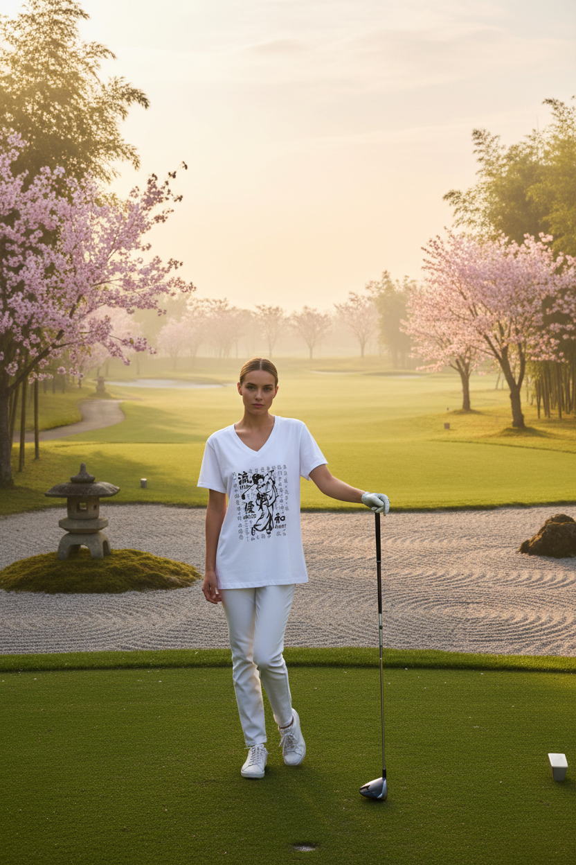 Geisha Kanji Flow Grace Unity V-Neck - zen golf course lifestyle