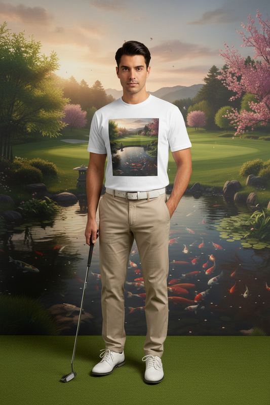 Zen Koi Pond Golf Course Sunset Graphic T-Shirt on zen golf course at golden hour