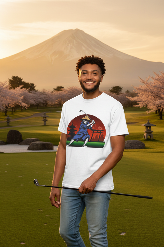 Japanese Sunset Samurai Golfer Tee - zen golf course lifestyle