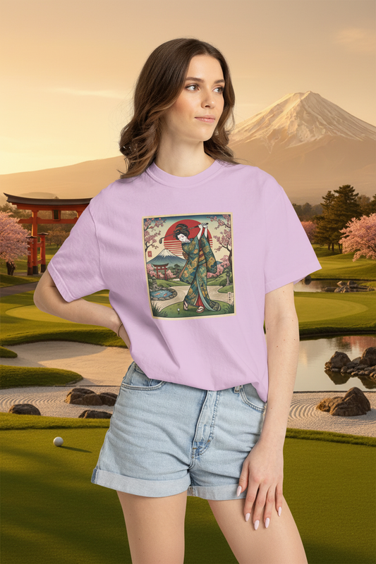 Zen Spot Custom Vintage Kimono Geisha Golfer Sunset Tee - zen golf course lifestyle