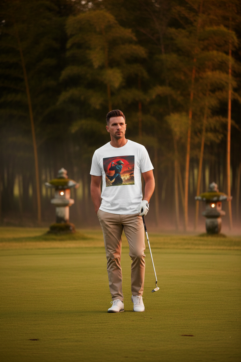 Samurai Sunset Warrior Golfer Art Graphic T-Shirt on zen Japanese golf course at golden hour