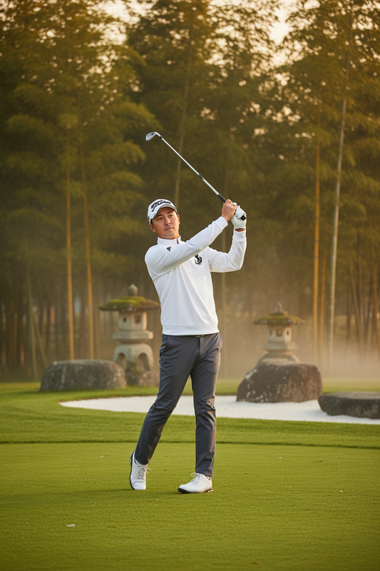 Samurai Kendo Golf Swing Quarter-Zip Pullover on zen golf course at golden hour