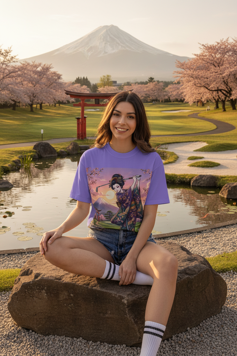 Geisha Golfer Garden Kimono Sunset Tee - zen golf course lifestyle