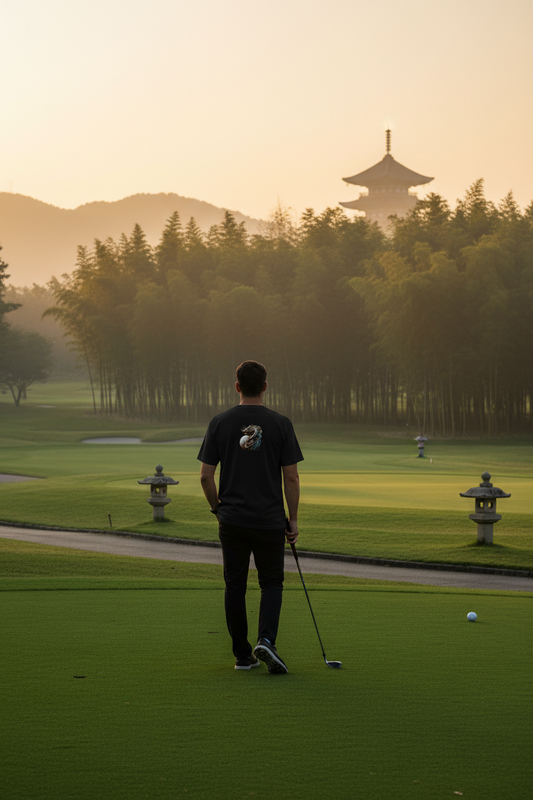 Dragon Golf Ball Tee — small upper back graphic on zen golf course at golden hour