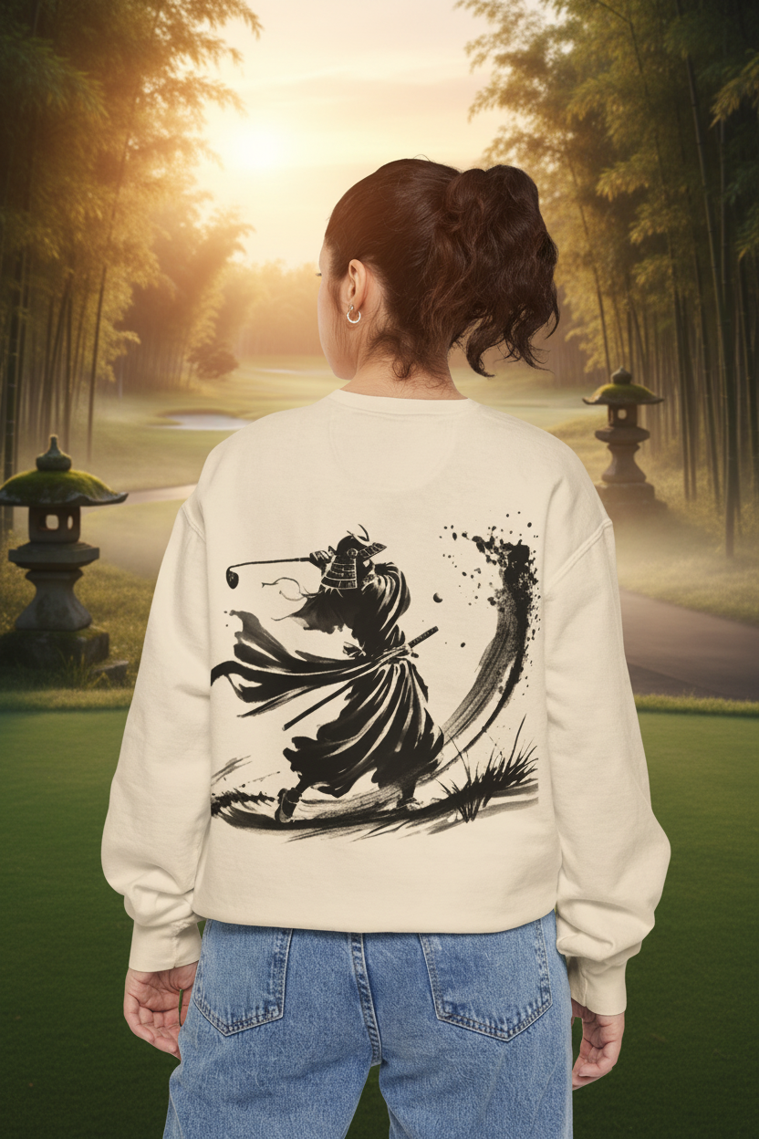 Bunker Blast Sweatshirt back — large brushstroke samurai golfer on zen golf course at golden hour