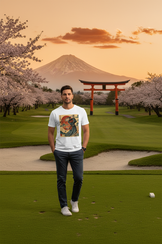 Vintage Japanese Samurai Golfer Sunset Tee - zen golf course lifestyle