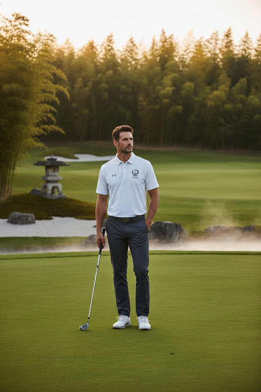 Embroidered Enso Circle Monk Golfer Polo - zen golf course lifestyle