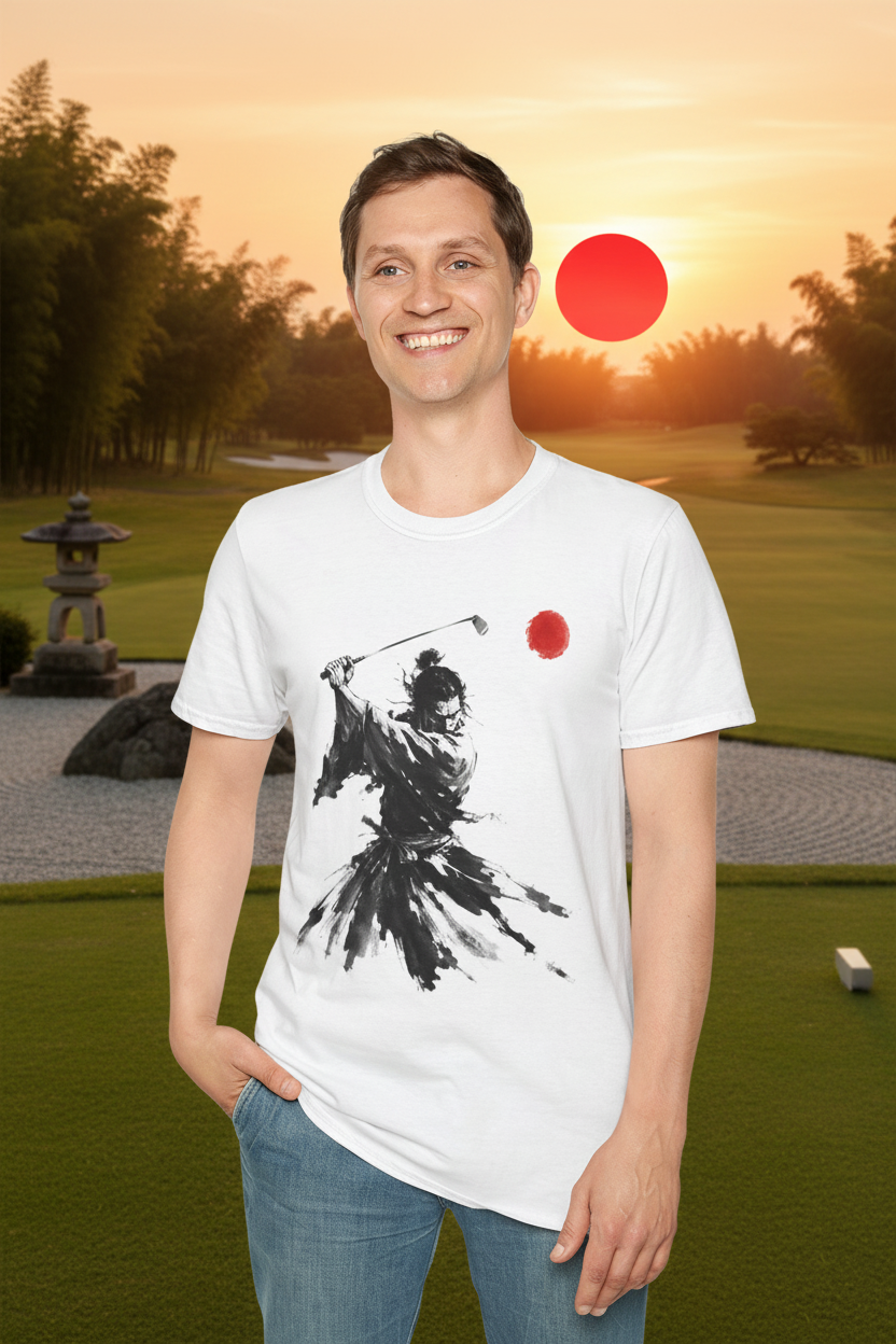 Samurai Golfer Ink Brush Red Sun - zen golf course lifestyle