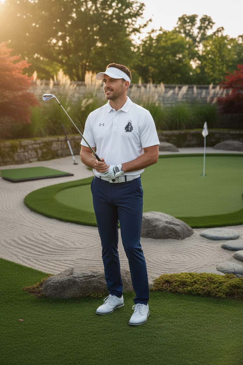 Model wearing the Embroidered Samurai Golfer Polo on a zen garden style golf course